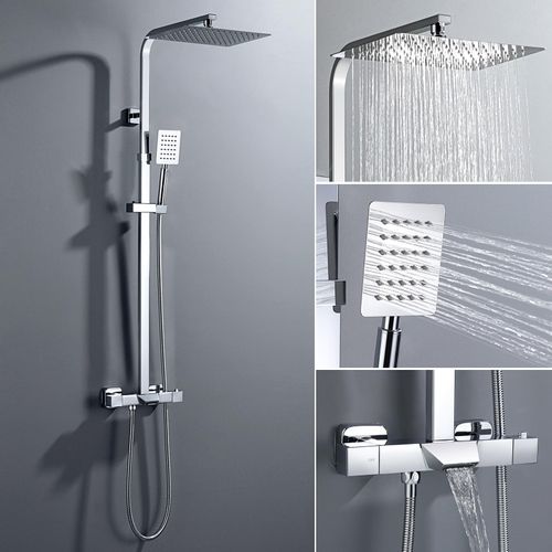 Thermostat-Duschsystem, 3-Funktions-Duscharmatur, Komplettset mit Regendusche, Handbrause und Wasserfall-Badewannenarmatur, Duschgarnitur für Badewannen