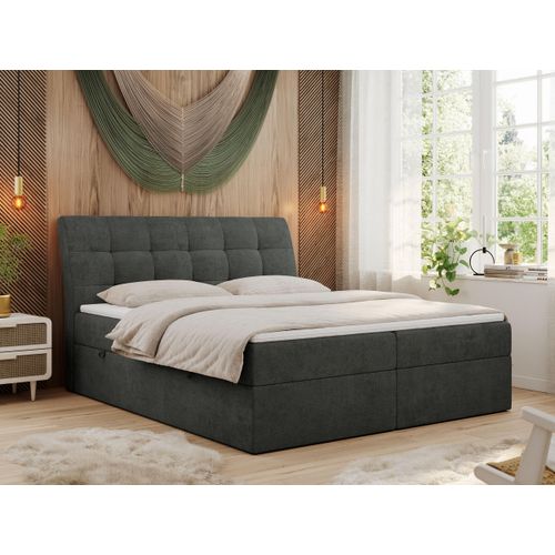 Boxspringbett 140x200 mit Matratze, Bett mit Multipocket - Matratze H4 und Topper, Polsterbett 140x200 mit Bettkasten und Kopfteil, DIEGOS - 140x200 - Dunkelgrau - Struktur - H4