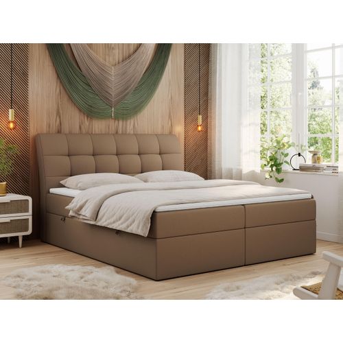 Boxspringbett 160x200 mit Matratze, Bett mit Multipocket - Matratze H3 und Topper, Polsterbett 160x200 mit Bettkasten und Kopfteil, DIEGOS - 160x200 - Braun - Kunstleder - H3