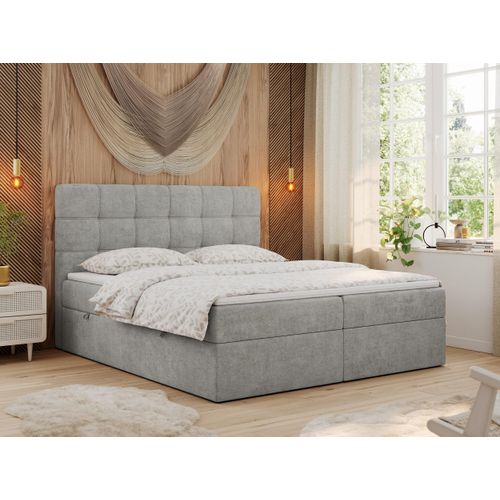 MKS MEBLE Boxspringbett 120x200 mit Matratze, Bett mit Multipocket - Matratze H4 und Topper, Polsterbett 120x200 mit Bettkasten und Kopfteil, ERNI - Hellgrau Stukture
