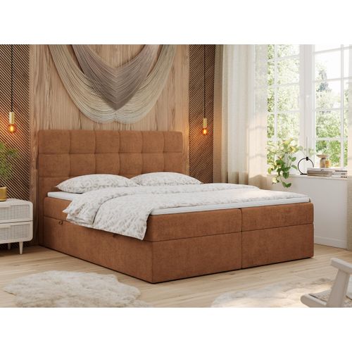 MKS MEBLE Boxspringbett 120x200 mit Matratze, Bett mit Multipocket - Matratze H4 und Topper, Polsterbett 120x200 mit Bettkasten und Kopfteil, ERNI - Orange Stukture