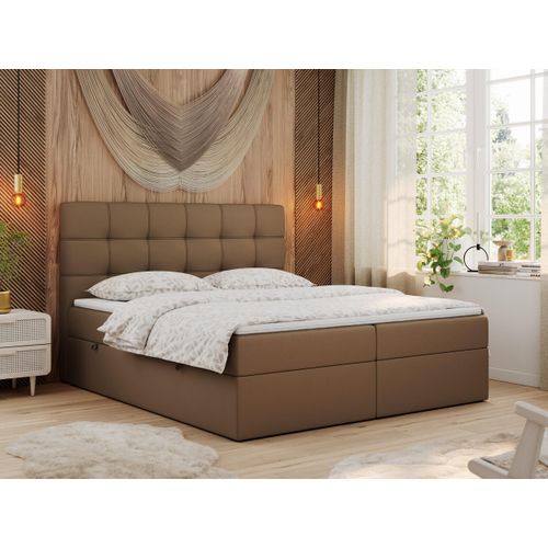 MKS MEBLE Boxspringbett 120x200 mit Matratze, Bett mit Multipocket - Matratze H4 und Topper, Polsterbett 120x200 mit Bettkasten und Kopfteil, ERNI - Braun Kunstleder