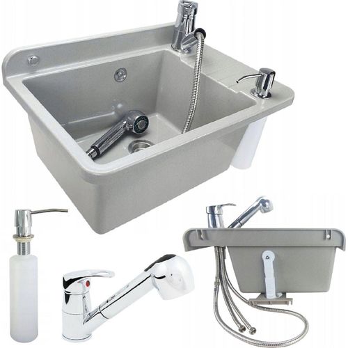 Ausgussbecken Waschbecken Spülbecken mit Armatur Seifenspender Waschtrog Außen 10914