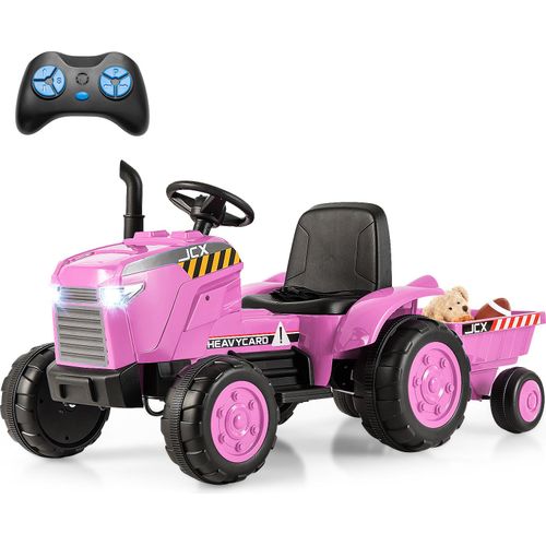 COSTWAY 12V Traktor mit Abnehmbarem Anhänger, Kindertraktor Elektrisch mit 2,4G Fernbedienung & Lichtern (Rosa)