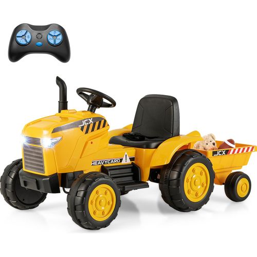 COSTWAY 12V Traktor mit Abnehmbarem Anhänger, Kindertraktor Elektrisch mit 2,4G Fernbedienung & Lichtern (Gelb)