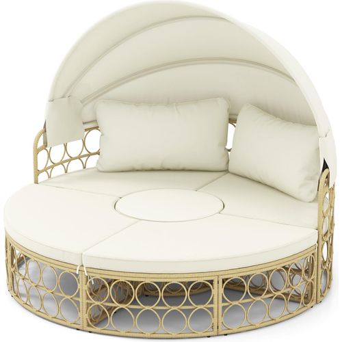COSTWAY Sonneninsel PE-Rattan, Tagesbett rund mit Beistelltisch, einziehbarem Baldachin & Kissen, Gartenlounge getrennte Sitzgruppen Sofamöbelset