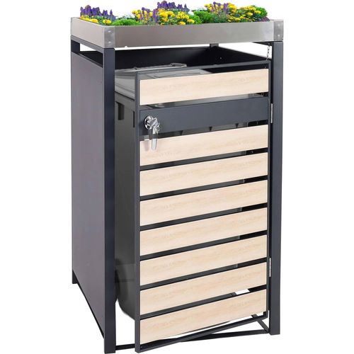 1er Mülltonnenverkleidung mit Pflanzkasten MCW-J81, erweiterbar, 125x68x80cm Metall 31kg, anthrazit Buche-Holzoptik