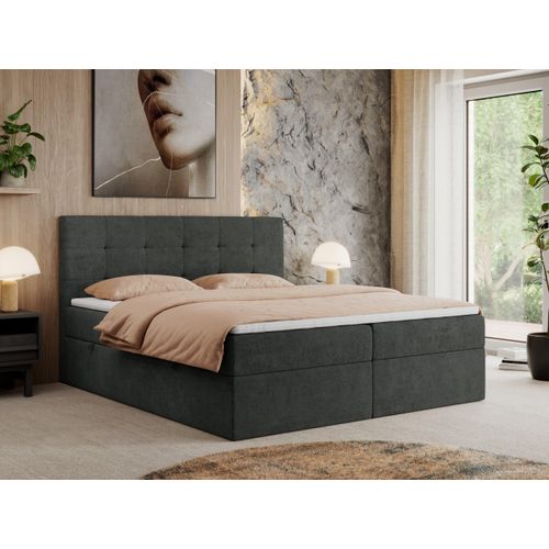 MKS MEBLE Boxspringbett 120x200 mit Bettkasten und Matratze H4, Polsterbett 120x200 mit Bettkasten, Bett 120x200 mit Stauraum und Topper - Centos - Dunkelgrau Struktur