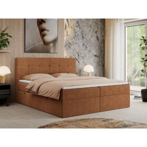 MKS MEBLE Boxspringbett 120x200 mit Bettkasten und Matratze H4, Polsterbett 120x200 mit Bettkasten, Bett 120x200 mit Stauraum und Topper - Centos - Orange Struktur