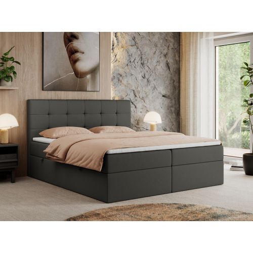 MKS MEBLE Boxspringbett 120x200 mit Bettkasten und Matratze H4, Polsterbett 120x200 mit Bettkasten, Bett 120x200 mit Stauraum und Topper - Centos - Dunkelgrau Kunstleder