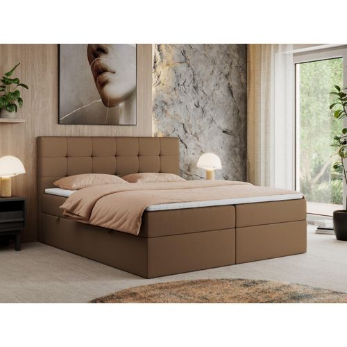 MKS MEBLE Boxspringbett 140x200 mit Bettkasten und Matratze H3, Polsterbett 140x200 mit Bettkasten, Bett 140x200 mit Stauraum und Topper - Centos - Braun Kunstleder