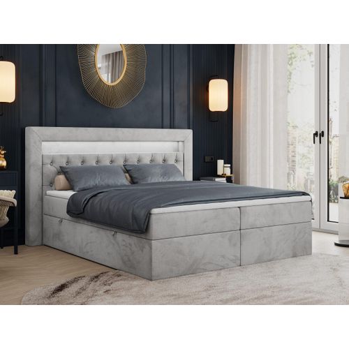 Boxspringbett 120x200 mit Led, Polsterbett 120x200 mit LED Kopfteil - Multipocket-Matratze H4 - Doppelbett mit Bettkasten Stauraumbett, GOLD-6 - 120x200 - Hellgrau - Velvet - Hart (H4)