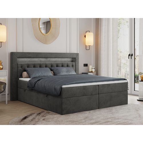 Boxspringbett 120x200 mit Led, Polsterbett 120x200 mit LED Kopfteil - Multipocket-Matratze H3 - Doppelbett mit Bettkasten Stauraumbett, GOLD-6 - 120x200 - Dunkelgrau - Velvet - Mittelfest (H3)