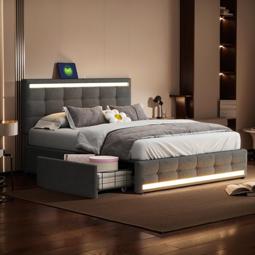 Polsterbett 140x200cm mit höhenverstellbarem Kopfteil, LED, USB-Steckdosenleisten und 4 Schubladen, Funktionsbett Doppelbett aus Leinen