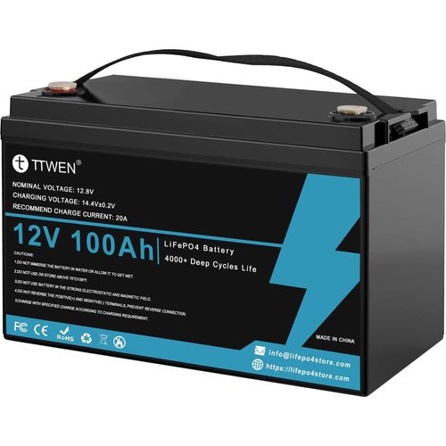 TTWEN 12 V 100 Ah LiFePO4 Lithium-Akkupack Notstromversorgung, 1280 Wh Energie, 4000+ Tiefentladungen, integriertes 100 A BMS, 24,25 lbs leicht, unterstuetzt Reihen-/Parallelschaltung, perfekt als Ersatz fuer die meisten Notstromversorgungen, Wohnmobil, Boot, Solar, Schleppmotor, netzunabhaengig (ohne Display)