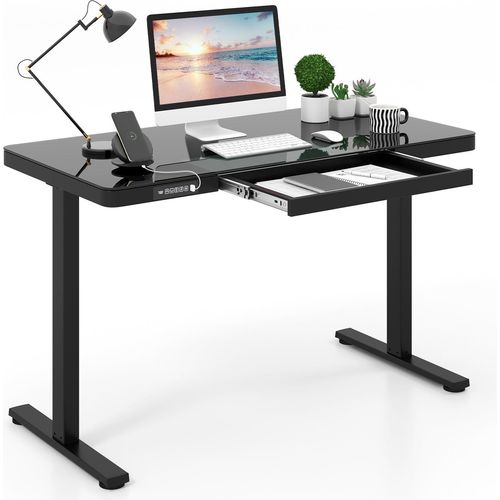 COSTWAY Schreibtisch höhenverstellbar, Stehschreibtisch elektrisch mit Tischplatte aus gehärtetem Glas, Schublade & Ladestation 120x60cm Schwarz