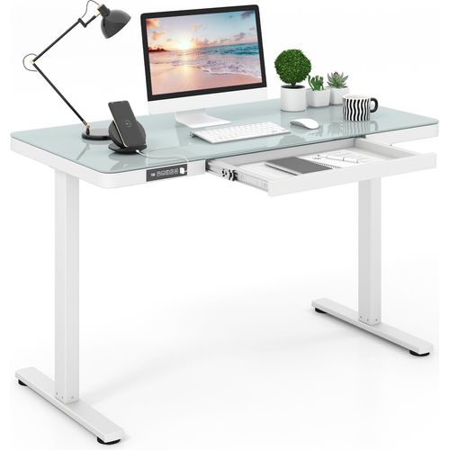 COSTWAY Schreibtisch höhenverstellbar, Stehschreibtisch elektrisch mit Tischplatte aus gehärtetem Glas, Schublade & Ladestation 120x60cm Weiß