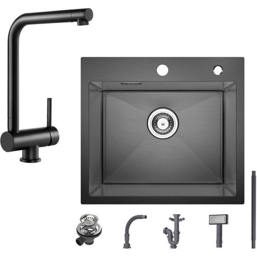 Spülbecken mit 1 Becken 50×45CM Edelstahlspüle Anthrazitschwarz mit Schwarz Küchenarmatur Spültischarmatur vor dem Fenster 310,9 mm