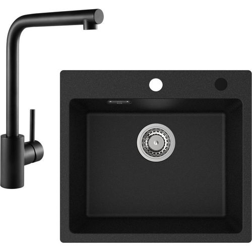 Spülbecken mit 1 Becken 50×45CM Granitspüle Anthrazitschwarz mit Schwarz Küchenarmatur Einhebel-Spültischarmatur, Höhe 318MM