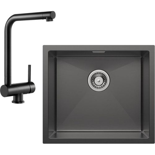 Edelstahlspüle 50×44CM Unterbauspüle mit 1 Becken Anthrazitschwarz + Schwarz Küchenarmatur Spültischarmatur vor dem Fenster 310,9 mm