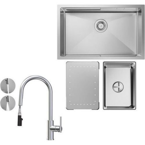 Küchenspüle 1.5 Becken 70x44cm EdelstahlSpüle Gebürstete Unterbauspüle mit Ausziehbarer Küchenarmatur mit 2 Strahlarten gebürstete Hohe 452MM