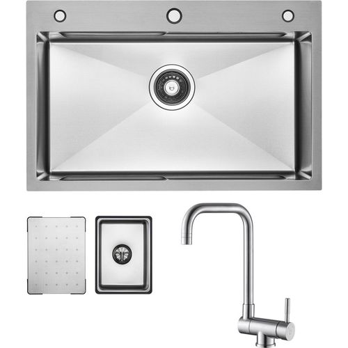 Küchenspüle aus Edelstahl 70x45cm Gebürstete Mit Abtropffläche + Fenster-Küchenarmatur Gebürstete Hohe 355MM