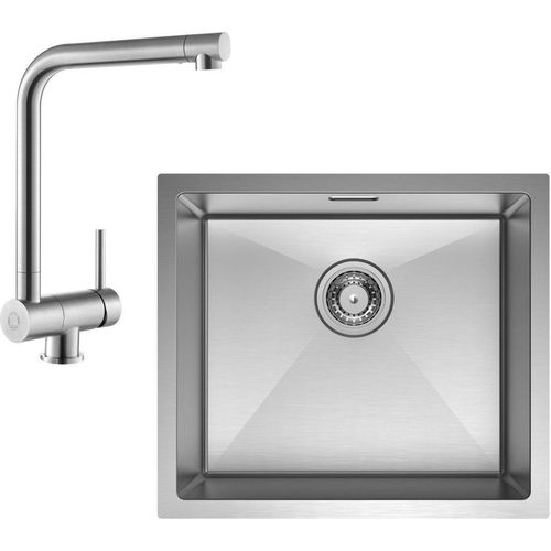Unterbauspüle mit 1 Becken 50×44CM Edelstahlspüle Gebürstete mit Gebürstete Küchenarmatur Spültischarmatur vor dem Fenster 310,9 mm