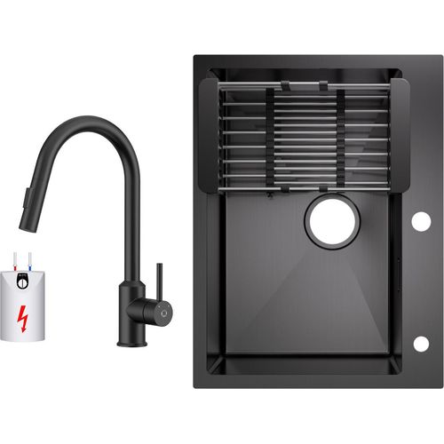 Küchenspüle aus Edelstahl 60x45cm Aufsatzwaschbecken Anthrazitschwarz mit Ausziehbarer Niederdruck-Küchenarmatur Schwarz Hohe 425MM