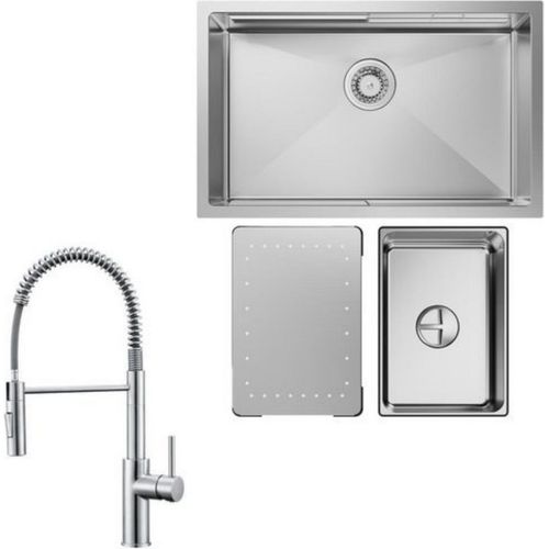 Küchenspüle 1.5 Becken 70x44cm EdelstahlSpüle Gebürstete Unterbauspüle + Feder-Küchenarmatur mit 2 Strahlarten gebürstete Hohe 480 mm