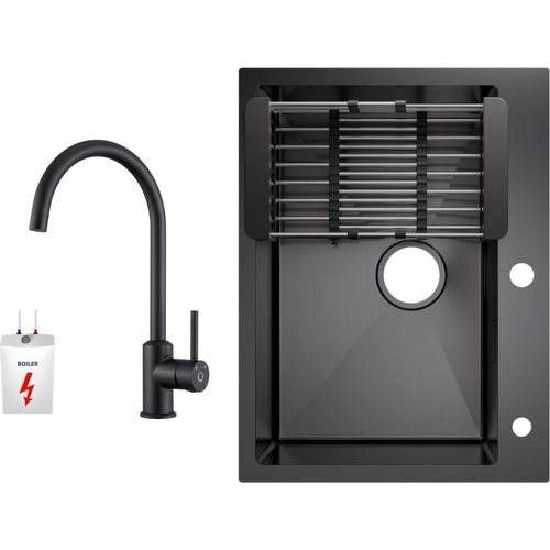 Küchenspüle aus Edelstahl 60x45cm Aufsatzwaschbecken Anthrazitschwarz mit Niederdruck-Küchenarmatur Schwarz Hohe 430MM
