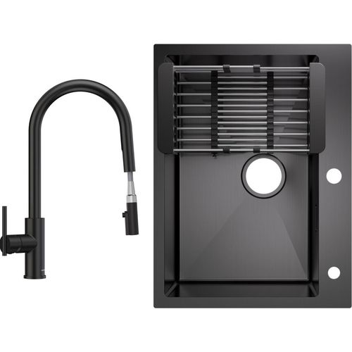 Küchenspüle aus Edelstahl 60x45cm Aufsatzwaschbecken Anthrazitschwarz mit Ausziehbarer Küchenarmatur Schwarz