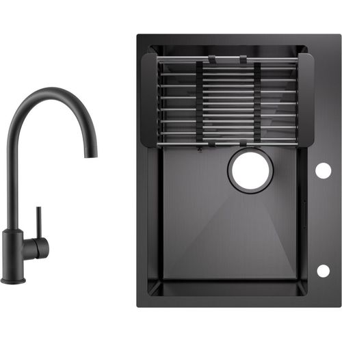 Küchenspüle aus Edelstahl 60x45cm Aufsatzwaschbecken Anthrazitschwarz mit Hochdruck-Küchenarmatur Schwarz Hohe 363.7MM