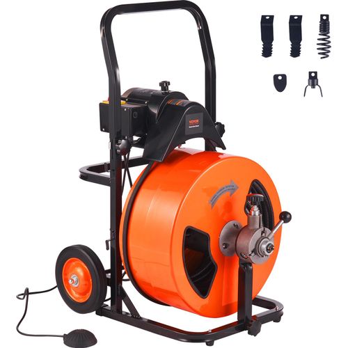 VEVOR Kanalbohrer 100 FT x 3/4 Zoll, automatischer Abflussreiniger, inkl. 4 Schneidköpfen und luftbetriebenem Fußpedal, geeignet für 1