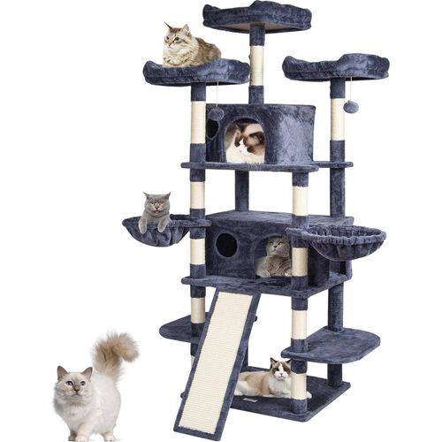 VEVOR Kratzbaum für Hauskatzen, 173,5 cm Sisal-Kratzbaum, Hängematten, Sitzstangen oben, Sprungplattformen und Rampe, Katzenmöbel-Aktivitätszentrum mit Hängebällen, Dunkelgrau
