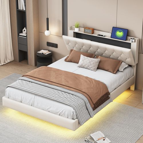 MODFU Polsterbett 140x200 mit Matratze, Doppelbett mit USB-Ladeanschluss und LED Lichtleiste, Kinderbett mit Lattenrost,Beige