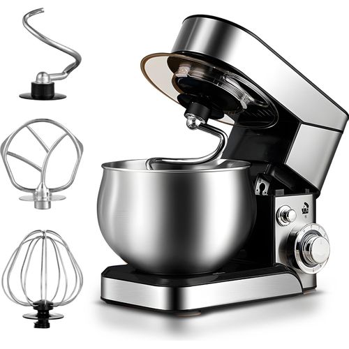 Elektrischer Kuechen-Standmixer, 1200 W, mit 4,5-Qt-Ruehrschuessel und 3 Aufsaetzen, 6-Gang-Einstellung, Haushalts-Knetmixer mit kippbarem Kopf, Teig- und Kuchenbackmixer mit Spritzschutz und Anti-Rutsch-Saugern