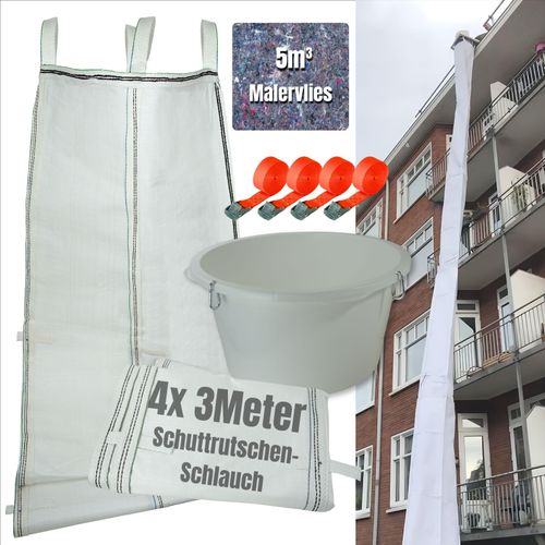 Schuttrutsche 12m | Flexible 4X 3m Schläuche, einfache Installation | Bauschuttrutsche inkl. Einfülltrichter, 4X Spanngurt und 5m³ Malervlies