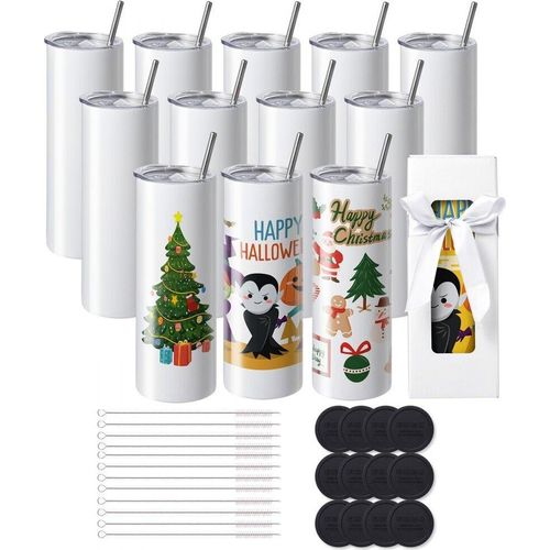 12er-Pack - Gerade Sublimationsbecher, 591,5 ml - Blanko-Becher - Edelstahl-Doppelwandbecher mit Strohhalm, Deckel, Bürste - Boden - Schrumpffolie - Geschenkbox - Für Wärmepresse und Wärmeübertragung.