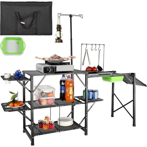 Camping-Küchentisch - Faltbarer, tragbarer Kochstation mit Tischen, Regalen und Waschbecken.