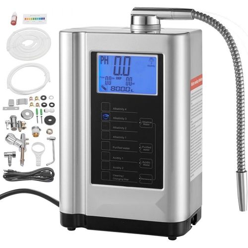 Alkaline Säurewasser-Maschine - pH 3,5-10,5 - 7 Modi - Filter für alkalisches Wasser - +500 bis +550 mV - Ionisator für Wasser - 8000 Liter Reinigungshaushalts-Wasserfiltermaschine - Silber