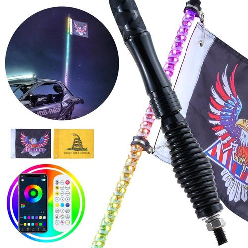 1 Stück - 3 Fuß LED-Peitschenlicht mit Federsockel - Wasserdichte 360° Spiral-RGB-Peitsche mit Lauflicht & 2 Flaggen - App & Fernbedienung - für UTVs, ATVs, Motorräder, RZR