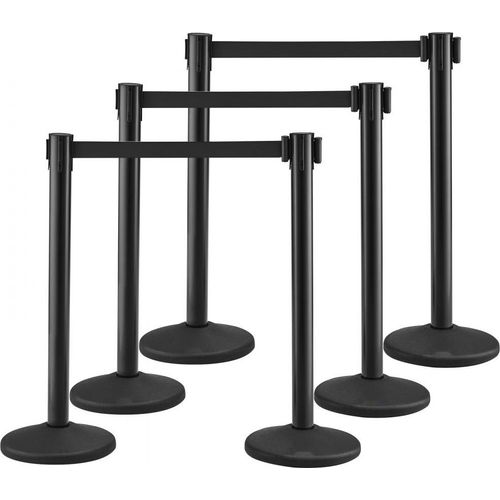 Personenleitsystem Absperrband - Absperrständer-Set - 6-teilig, 2m x 48mm - Schwarz - Einziehbarer Gürtel - Personenleitsystem Absperrpfosten - Ideal für Flughäfen, Messen, Wettkampforte