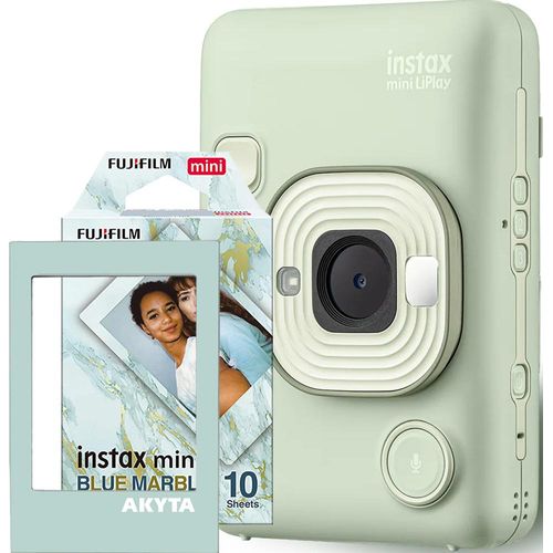 Sofortbild-Hybridkamera Fujifilm Instax Mini LiPlay Grün mit 1x10 Papier und magnetischem Akyta-Rahmen.