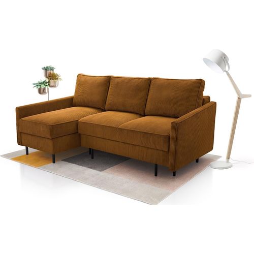 Ecksofa Mit Schlaffunktion - L | POSO Cordstoff Sofa Mit Ausziehfunktion, Komfortabel Mit Rückenkissen Wäschetruhe Modernes Wohnzimmersofa | Eckanordnung - LINKS | 220x134x110 cm | GOLD