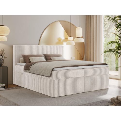 MKS MEBLE Boxspringbett 140x200 Beige Cord, Boxspringbett mit Matratze H3, Bett 140x200 mit Bettkasten and Kopfteil, Doppelbett mit Stauraum, Polsterbett 140x200 - Tiliano