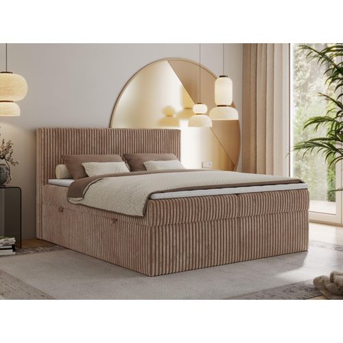 MKS MEBLE Boxspringbett 140x200 Braun Cord, Boxspringbett mit Matratze H3, Bett 140x200 mit Bettkasten and Kopfteil, Doppelbett mit Stauraum, Polsterbett 140x200 - Tiliano