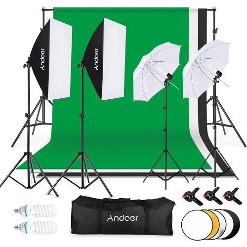 Andoer Photography Kit 1,8 * 2,7 m Schwarz Weiss Gruen Baumwollhintergrund 3 Stk. Fischaehnlicher Montageclip 1 Stk. 60 cm 5 Zoll 1 Fotoreflektor 2 Stk. 33 Zoll Weisser Soft Light Umbrella 2 Stk. 50 cm * 70 cm Softbox mit Einzelbirnenhalter 2 Stk. 135 W 2 Stk. 45 W Gluehbirne 2 Stk * 3 Meter Hintergrundstaender 4 Stueck 2 m Lichtstaender fuer Photo Studio