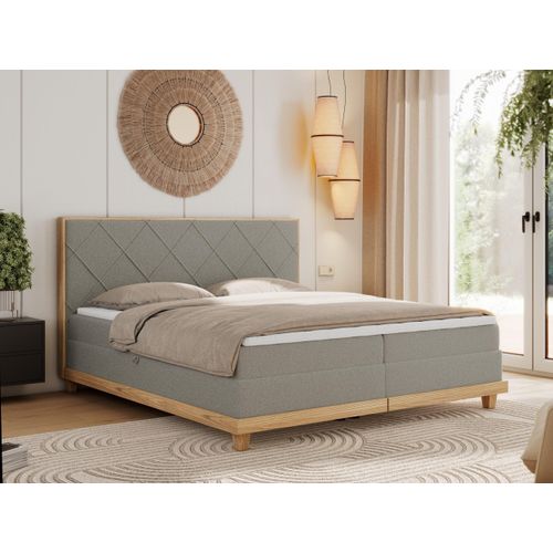 MKS MEBLE Boxspringbett 180x200 Eiche Hellgrau Boucle, Polsterbett 180x200 mit Massivholz Eiche, Bett mit Stauraum und 7-Zonen Taschenfederkern Mattratze H4 - Caicos