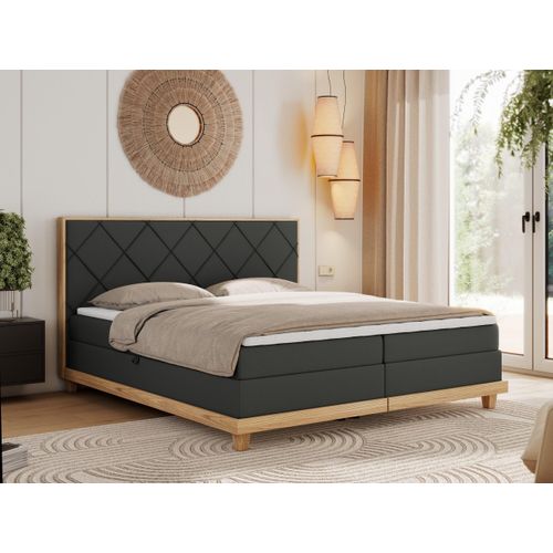 MKS MEBLE Boxspringbett 140x200 Eiche Dunkelgrau Kunstleder, Polsterbett 140x200 mit Massivholz Eiche, Bett mit Stauraum und 7-Zonen Taschenfederkern Mattratze H3 - Caicos
