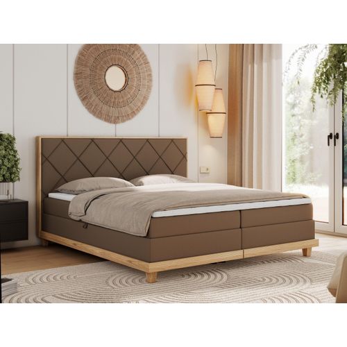 MKS MEBLE Boxspringbett 140x200 Eiche Braun Kunstleder, Polsterbett 140x200 mit Massivholz Eiche, Bett mit Stauraum und 7-Zonen Taschenfederkern Mattratze H3 - Caicos